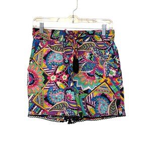 Johnny Was Demarne Multicolor Cotton Pull On Shorts XS With Tassels & Trim